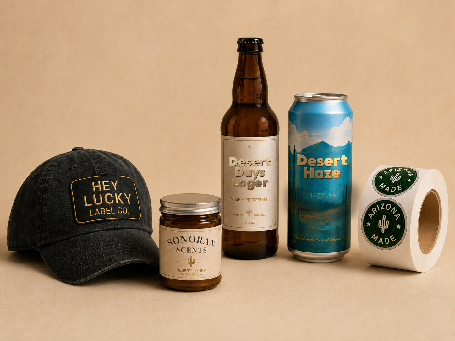 Hero product composite — labeled cans & bottles, Hey Lucky hat, kraft boxes, sticker spread